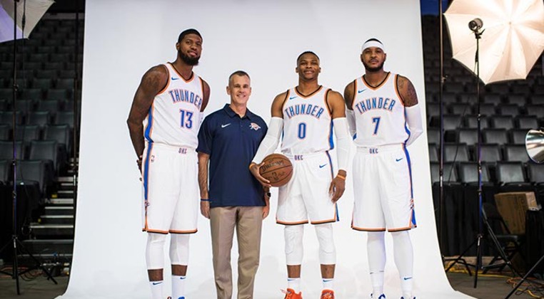 Thunder coach Billy Donovan center left will guide the team&#146;s new player nucleus, including from left Paul George, Russell Westbrook and Carmelo Anthony. (Zach Beeker / Oklahoma City Thunder / provided)