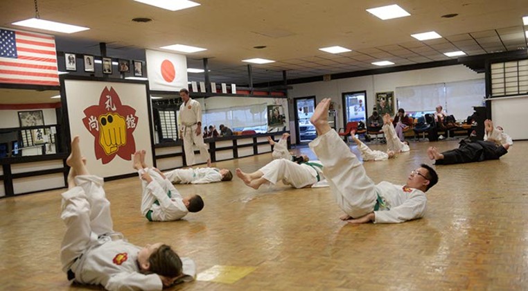 A class does exercises at Chris Fay&#146;s Okinawa Karate School. (Garett Fisbeck)
