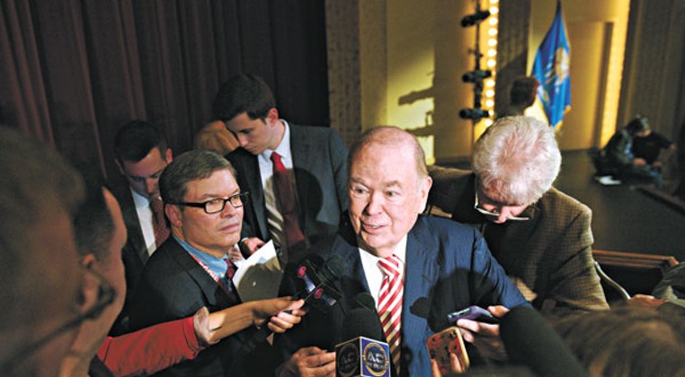 University of Oklahoma President David Boren is swarmed by the media following his announcement to retire. Boren joined the university in 1994 after serving 16 years as a U.S. Senator. | Photo Garett Fisbeck
