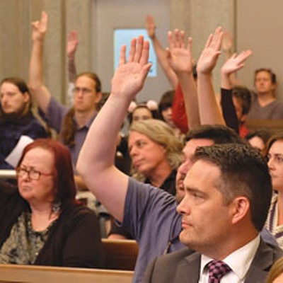 Audience members raise their hands in support of preserving the Donnay Building when asked by Planning Commissioner Janis Powers to do so. (Megan Nance)