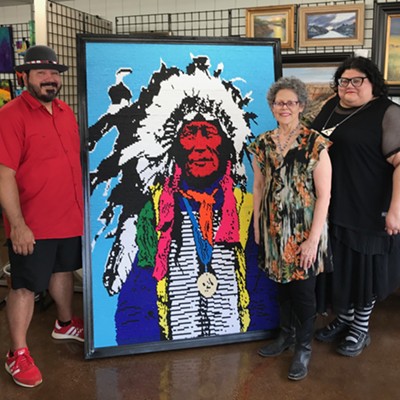 Mvskoke Creek and Seminole Artist Joe Hopkins, Artist/Owner Theresa Hurt and Frances Danger with "Iron Shell" at Carpe Artem Gallery