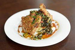 Five-spice fried chicken with mashed potatoes and greens (Garett Fisbeck)